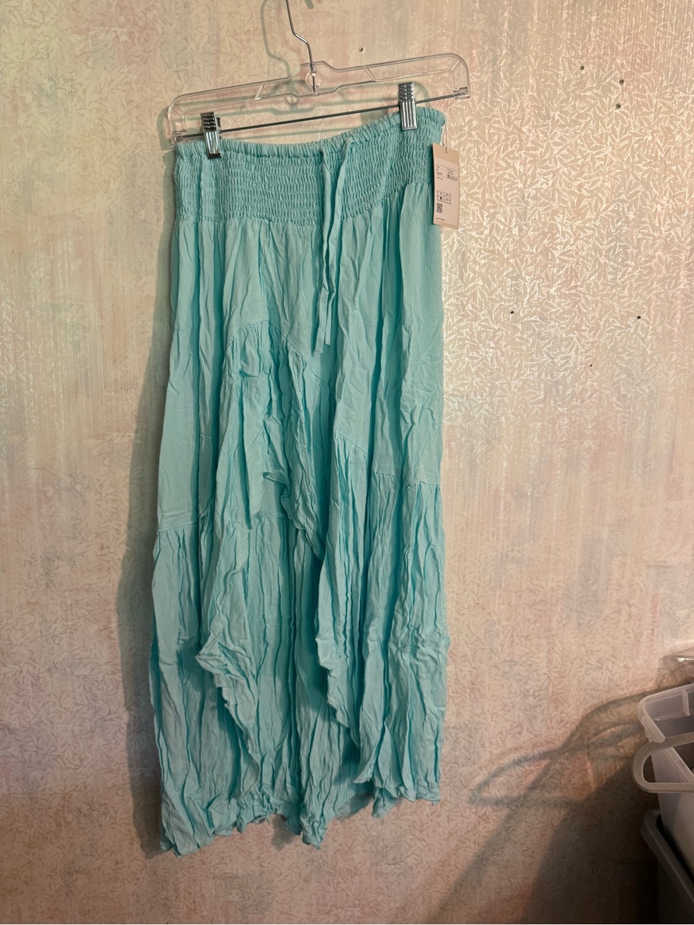 HALARA Light Aqua Smocked-Waist Tiered Flowy, Peek A Boo Knee Maxi Skirt, Sm Reg